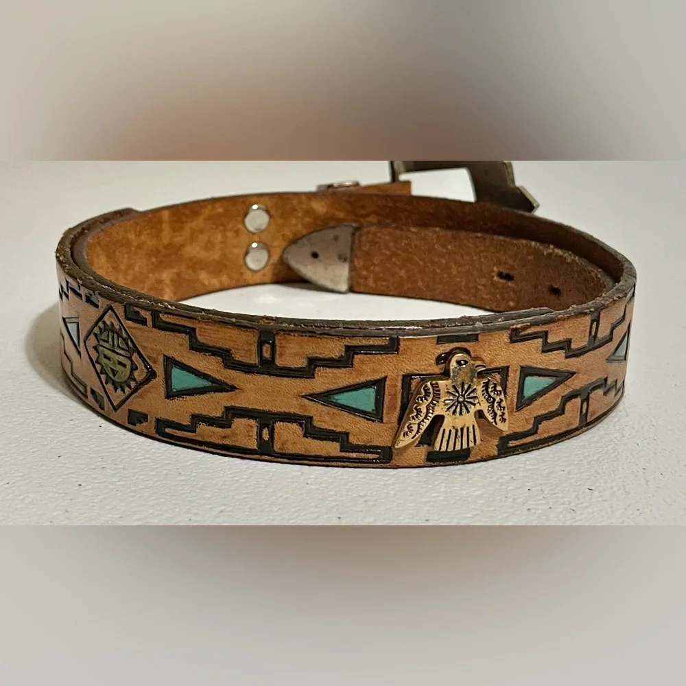 Native American Southwestern Style Tan Leather Belt with Silver Buckle - Picture 2 of 15